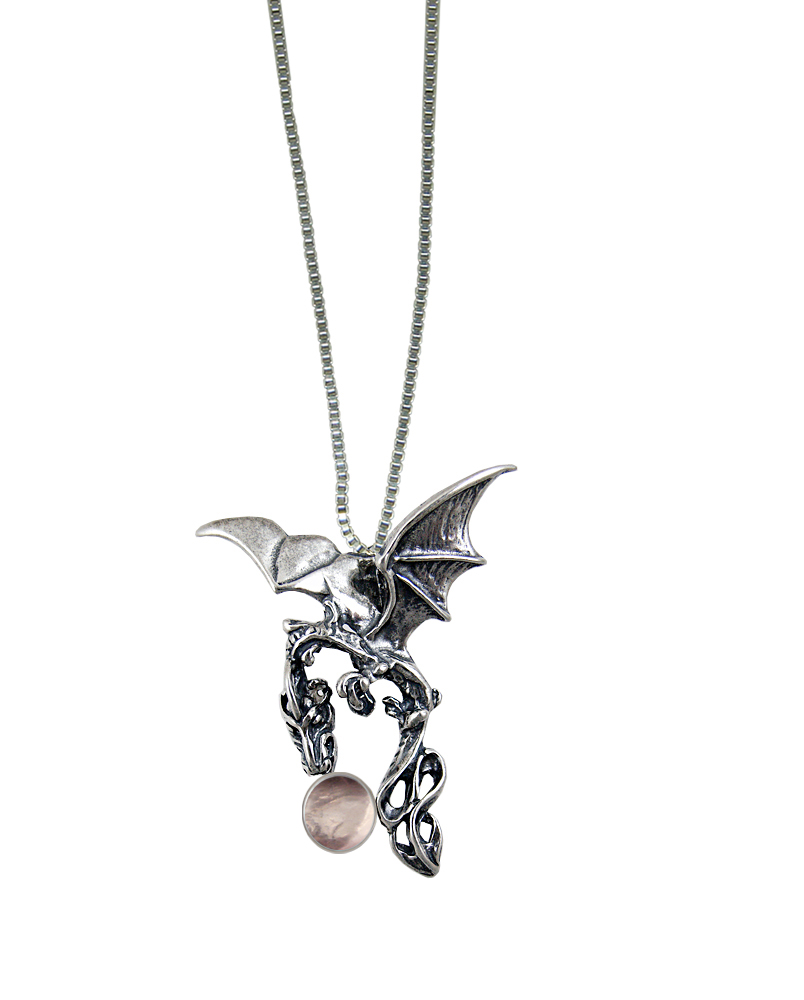 Sterling Silver Dark Sky Dragon Pendant With Rose Quartz